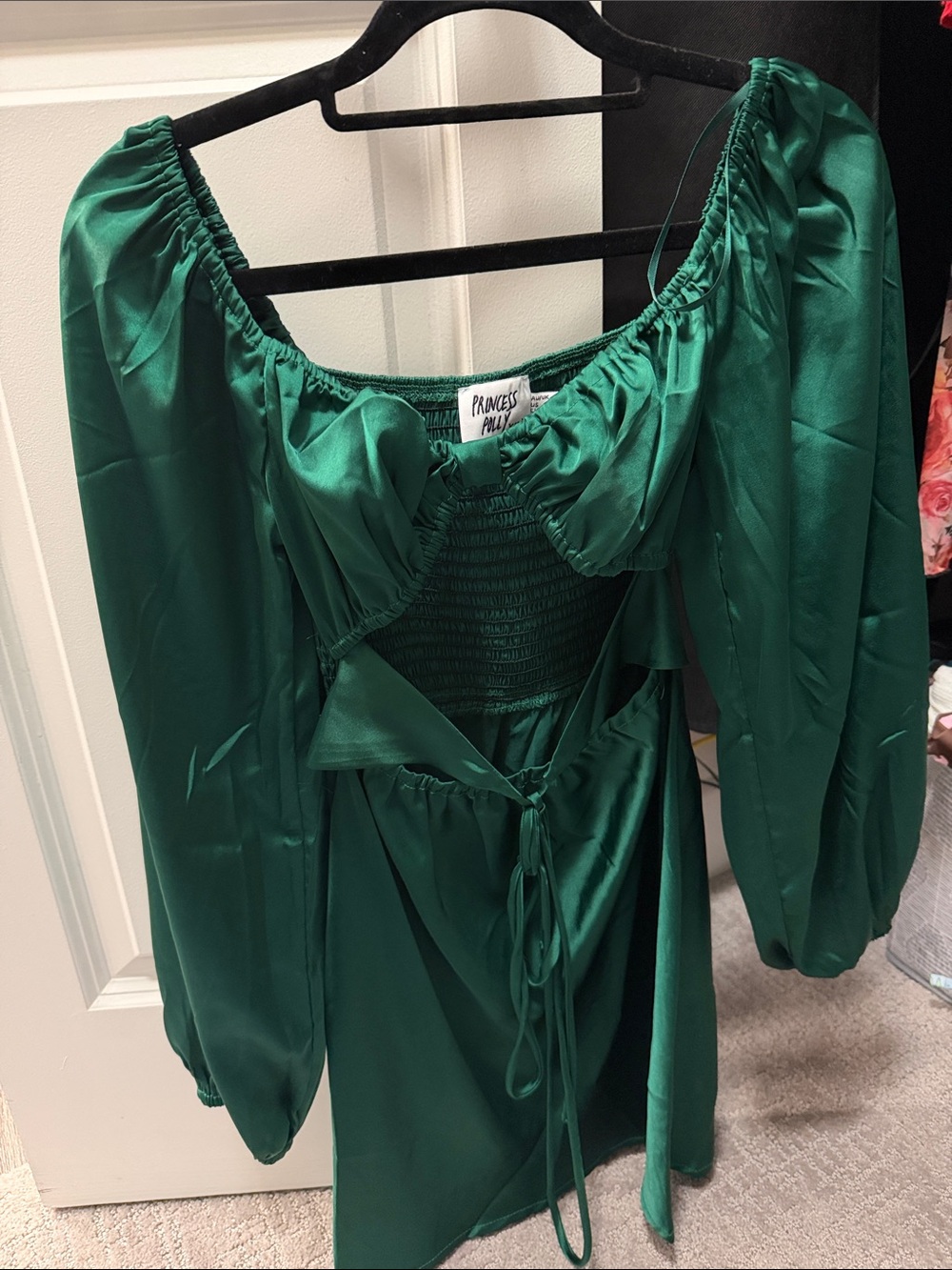 Princess Polly Green Satin Off-Shoulder Mini Tunic Dress